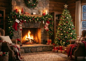 木の壁に囲まれたログハウス風のリビング。石造りの暖炉には炎が燃え、靴下やリースが飾られている。ツリーは金色と赤のオーナメントで彩られ、床には多くのプレゼント。ソファや椅子には赤いチェック柄の毛布が掛けられ、温もりに満ちた雰囲気。