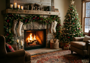 木の暖かみを感じる室内で、石造りの暖炉とクリスマスツリーが飾られた情景。暖炉の上には白い靴下とガーランド、キャンドル、そして小さなキリスト生誕の人形セット。ツリーには赤と白の飾り、足元にはプレゼントが置かれている。