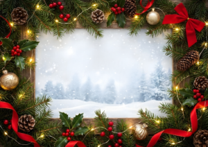 モミの枝やヒイラギ、赤いリボン、松ぼっくり、オーナメントで飾られたクリスマスフレーム。中央には雪が降る冬の森の風景が広がり、装飾の間に温かいイルミネーションが灯っている。