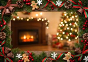 木製フレームを囲むように、モミの枝、赤と緑のリボン、ベル、松ぼっくり、ジンジャーブレッドクッキーが飾られたクリスマス装飾。中央にはぼかされた暖炉とクリスマスツリーの室内風景が見える。
