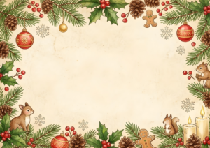優しいタッチで描かれたクリスマスのイラストフレーム。モミの枝やヒイラギ、松ぼっくり、オーナメント、雪の結晶、ジンジャーブレッドクッキー、リスやウサギが配置され、中央は文字や画像を入れられる余白になっている。