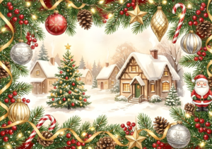 クリスマスオーナメントで囲まれたイラストフレーム。リボンや松ぼっくり、星、キャンディケイン、ボールオーナメントが飾られ、中央には雪に包まれた家々とクリスマスツリーの冬景色が描かれている。