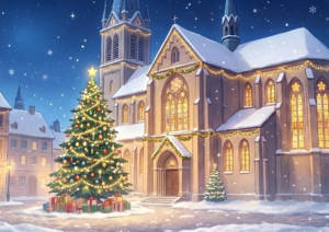 雪の降る夜、教会の前に立つ大きなクリスマスツリー。建物はイルミネーションで飾られ、ツリーの足元にはプレゼントが置かれている。静かで神聖な雰囲気の冬の街並み。
