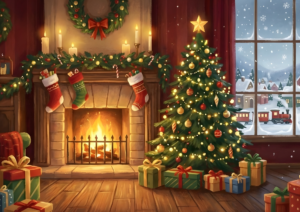 暖炉の前にクリスマスツリーとプレゼントが並ぶ、温かみのある室内風景。暖炉の上にはキャンドルとガーランド、靴下が飾られ、窓の外には雪景色と列車が走る町が見える。
