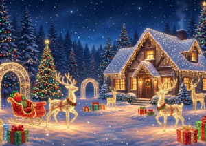 雪に包まれた夜の庭に、イルミネーションで輝く家とクリスマスツリー。光るトナカイのオブジェとそり、プレゼントが配置され、幻想的で華やかなクリスマスナイトシーン。