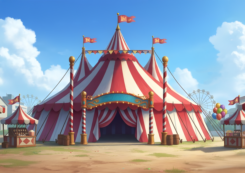 青空の下、赤と白のストライプ柄の大きなサーカステントが立ち、入口の上には青い看板と電飾が飾られている。周囲にはポップコーン屋台やカラフルな風船、観覧車が見える。