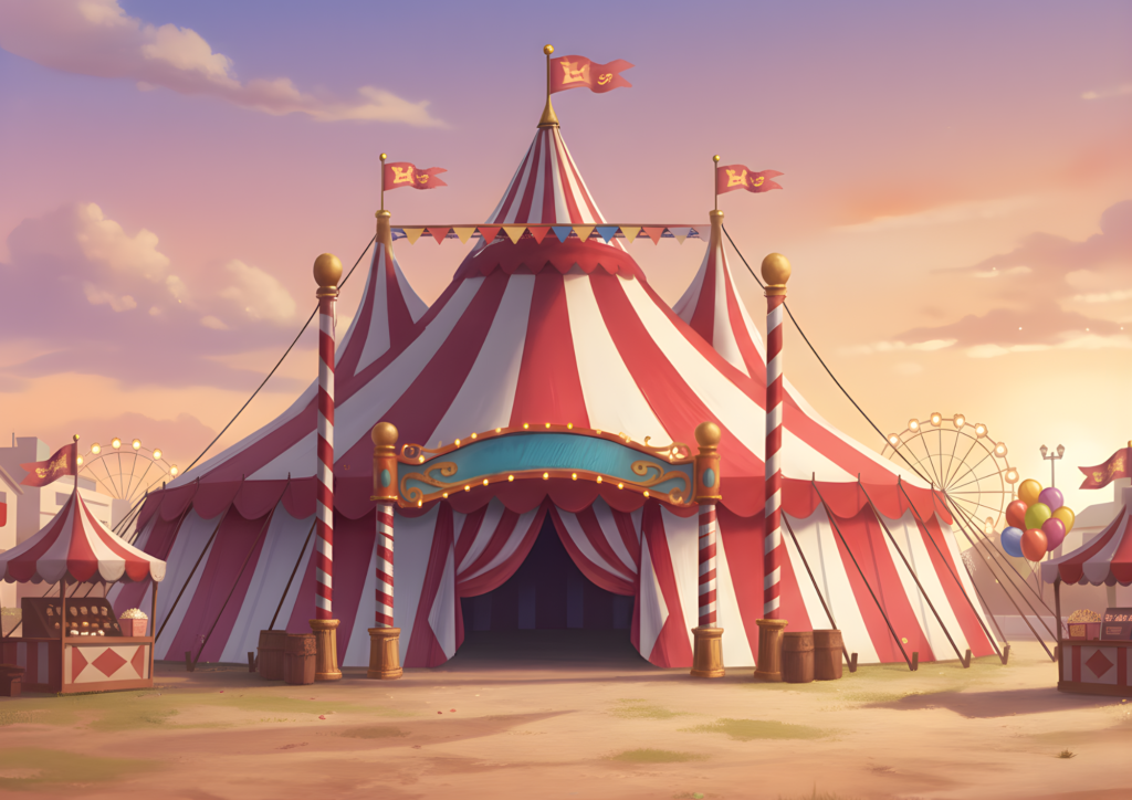 夕焼け色の空を背景に、赤と白のストライプのサーカステントが柔らかな光に照らされて立つ。入口の明かりが灯り、周囲には屋台や観覧車がシルエットで見える。