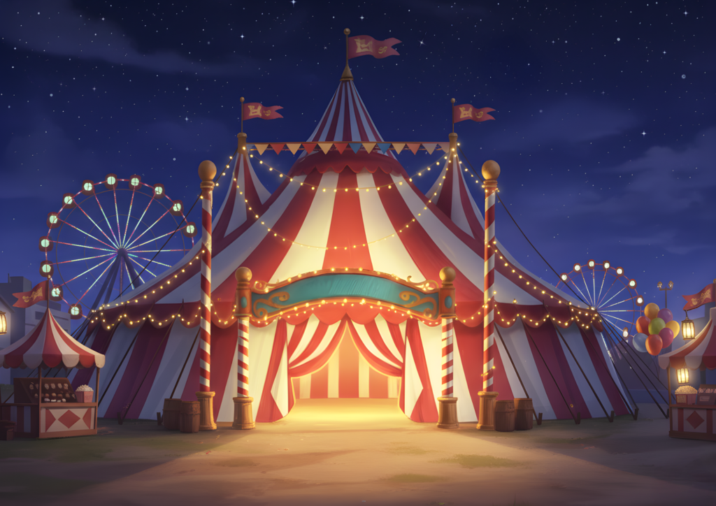 サーカスの外観（夜） ALT: 夜空に星が輝く中、赤と白の大きなサーカステントが電飾に包まれて明るく輝く。観覧車も光り、周囲の屋台や風船が夜のにぎやかな雰囲気を演出している。