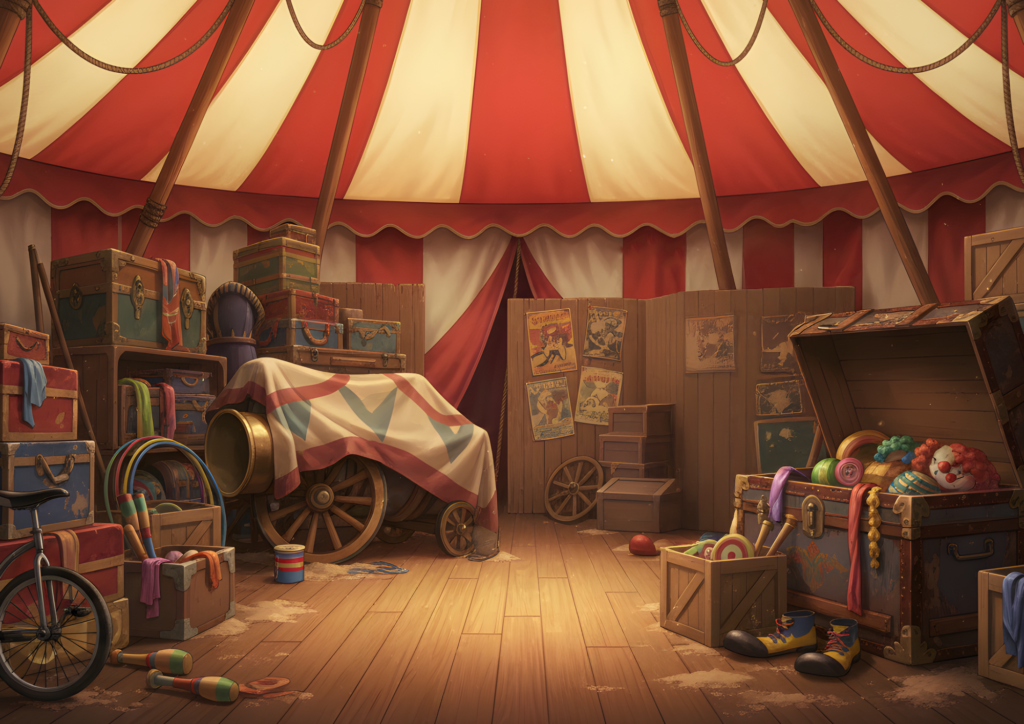 サーカステント内部の倉庫で、木箱・トランク・縄・フラフープ・ジャグリング道具・一輪車などのサーカス用品が所狭しと積み上げられている。壁には古いサーカスポスターが貼られ、中央には布をかぶった大砲が置かれている。