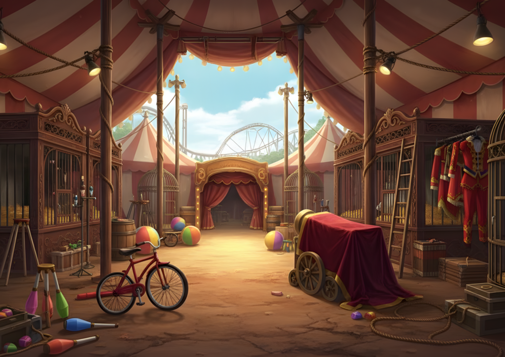 ケージが並ぶサーカス裏側の通路で、赤い自転車、カラフルなボール、大砲、衣装ラック、縄などの道具が散らばる。奥にはロープライトの下にステージ入口が見え、外にはジェットコースターのような遊具が見える。