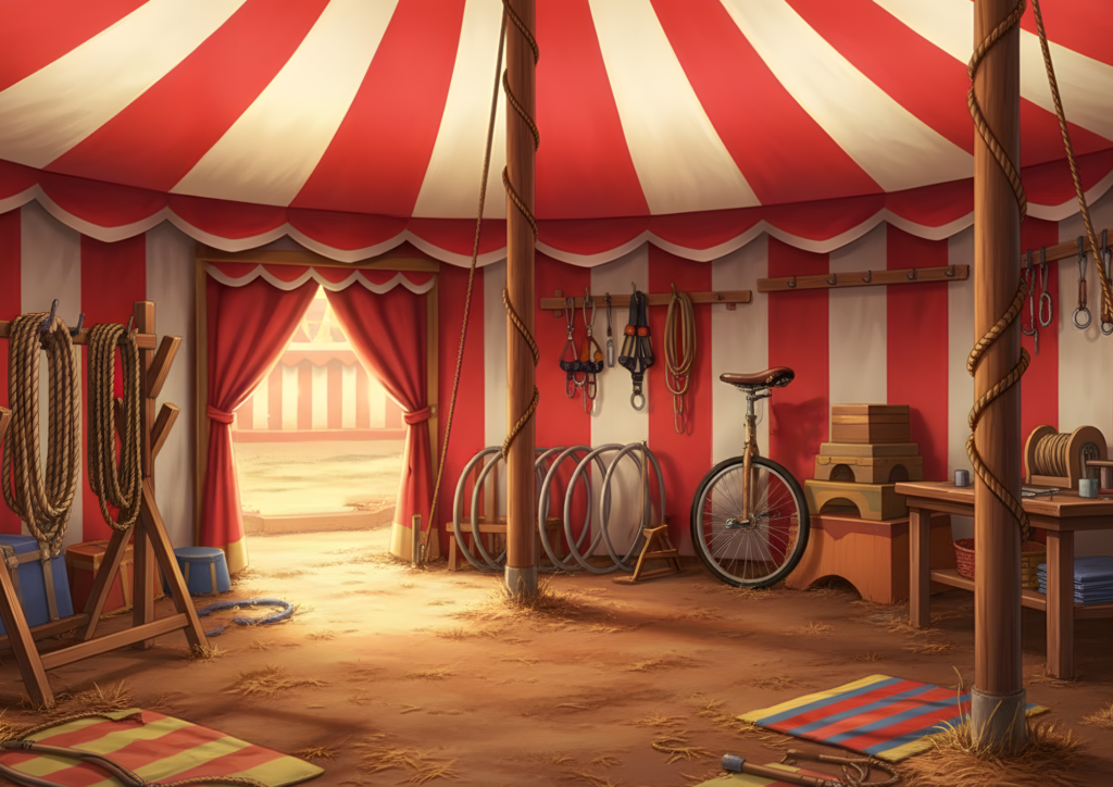 赤と白のストライプ柄の訓練用テントの中に、一輪車やフープ、縄、器具が整然と並んでいる。地面は藁まじりの土で、奥の出口から明るい屋外の光が差し込んでいる。