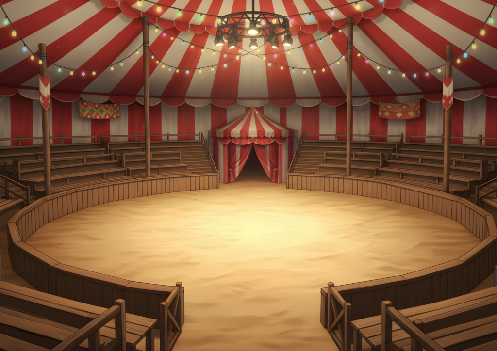 赤と白のテントの中央に広がる円形ステージで、周囲に木製の観客席が段状に配置されている。天井からはカラフルな電球が吊るされ、中央の砂地に明るい照明が差し込んでいる。
