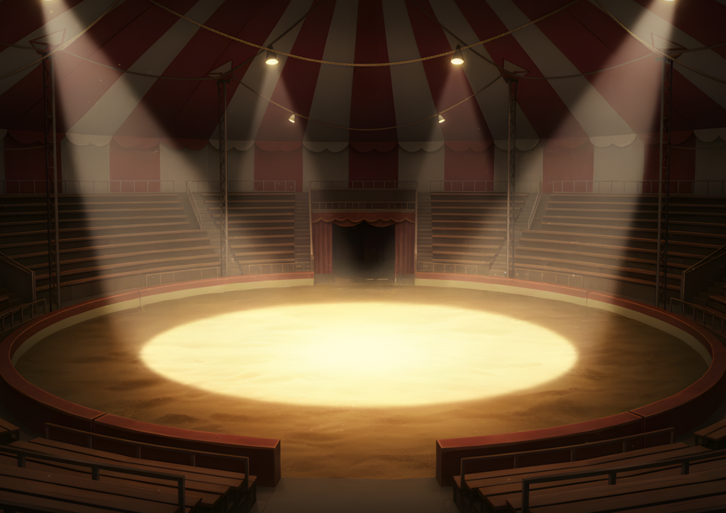暗めのテント内で、円形ステージに複数のスポットライトが降り注ぎ、砂地の中央が明るく照らされている。周囲には木製の観客席と赤いカーテンの出入口が見える。