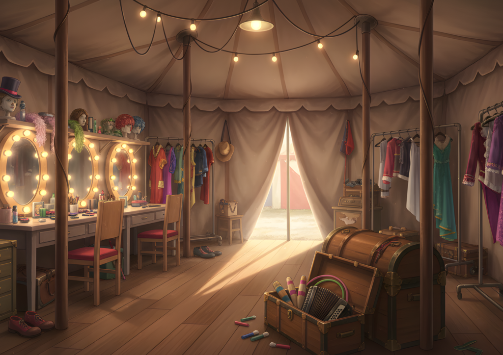 サーカステント内の控え室で、明かりがついた丸い鏡が並ぶメイク台があり、カツラ、羽根飾り、化粧道具が整えられている。周囲にはカラフルな衣装がラックに掛けられ、大きな木製のトランクにはジャグリング棒やフラフープなどの道具が詰められている。中央奥の入口から外の光が差し込み、温かな雰囲気が漂う。
