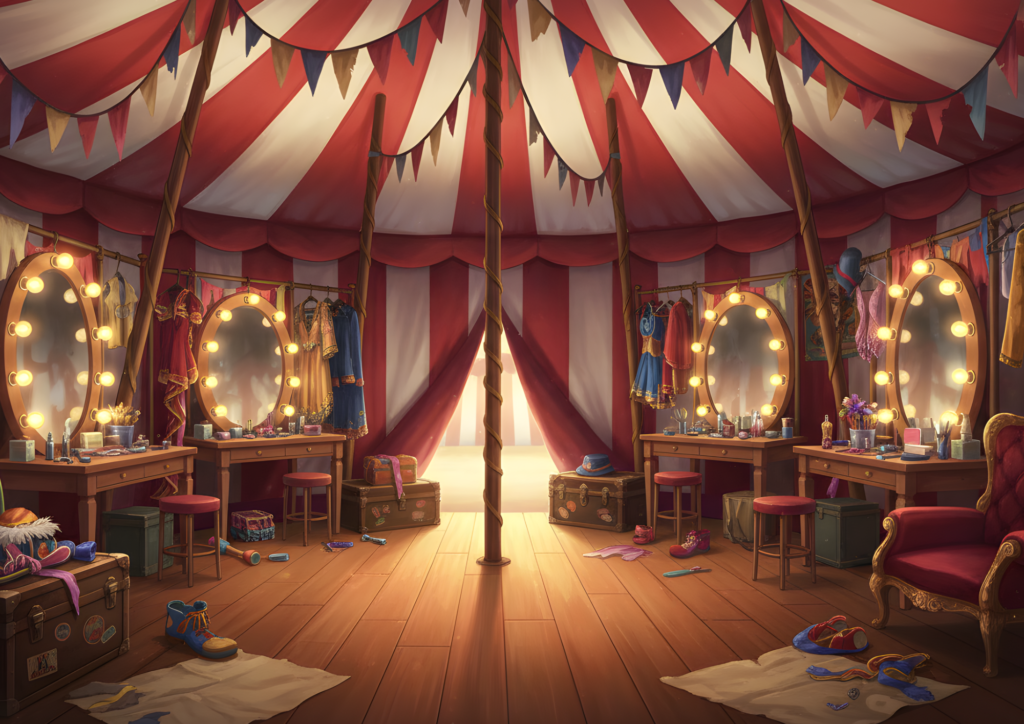 赤と白のストライプ天井のサーカステント内に、電飾付きの大きな鏡が複数並ぶメイク台が配置され、周囲には装飾が施されたドレスや衣装が掛けられている。床には小物や靴が散らばり、中央には太い柱が立つ。明るい光が入口側から差し込み、にぎやかで華やかな雰囲気が広がっている。