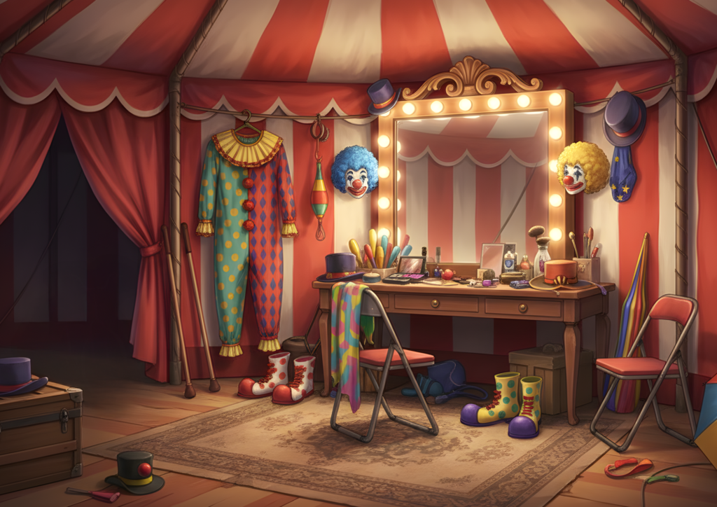 赤と白のサーカステントの中に、電飾付きの鏡台が置かれ、カラフルな化粧道具や小物が並ぶ。壁にはピエロの衣装や面（お面）が掛けられ、足元には大きなクラウンシューズや帽子が散らばる。吊り下げられた明かりが温かく室内を照らし、ピエロの準備部屋らしい賑やかで楽しい雰囲気が漂っている。