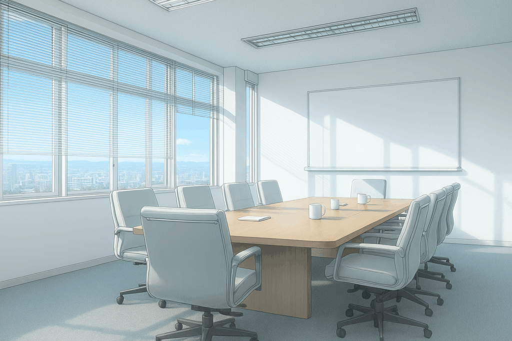 明るい会議室に長い木製のテーブルと回転椅子が並び、大きな窓から都市の景色が見える。ホワイトボードも壁に設置されている。