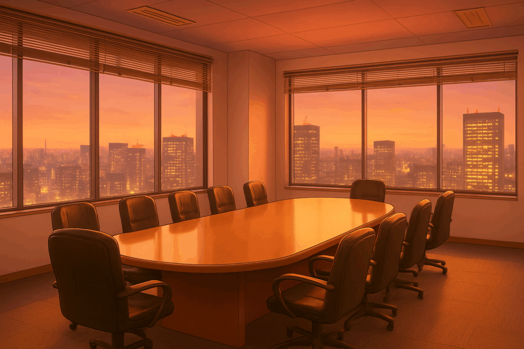 夕焼けに染まる高層ビルの夜景を背景に、長机と椅子が並んだ会議室。黙々とした空間が広がる。