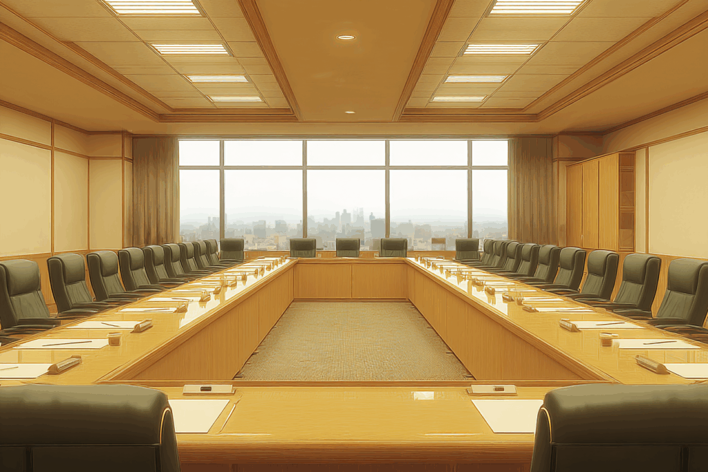 広々とした会議室には、長いテーブルを囲むように革張りの椅子が並べられている。大きな窓から都市の景色が見える。