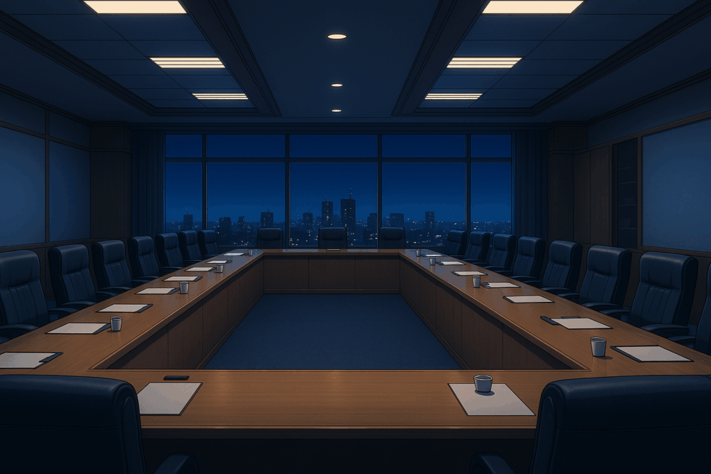 夜の都市を背景にした、誰もいない広々とした会議室。大型テーブルに沿って椅子が並び、テーブル上にはノートとコップが規則正しく配置されている。