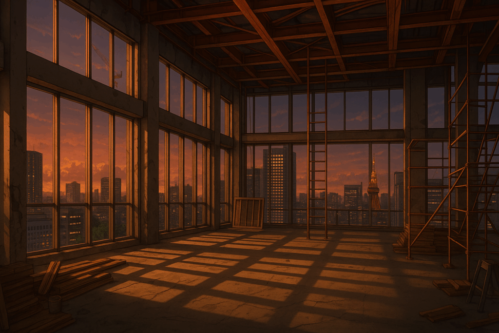 高層ビルの建設現場の室内を夕日が照らし、窓越しに赤い空と都市の景色が広がる。東京タワーが見える。