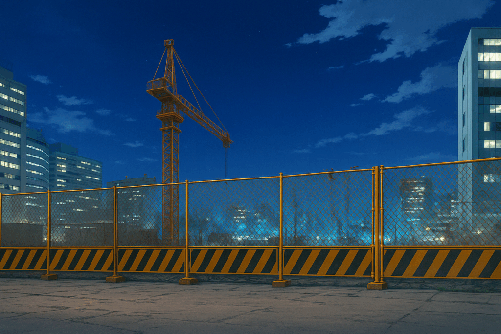 夜の建設現場。黄色と黒のフェンスの奥にクレーンが立ち、背景のビルの窓から明かりが漏れている。青い空に雲が少し浮かぶ。
