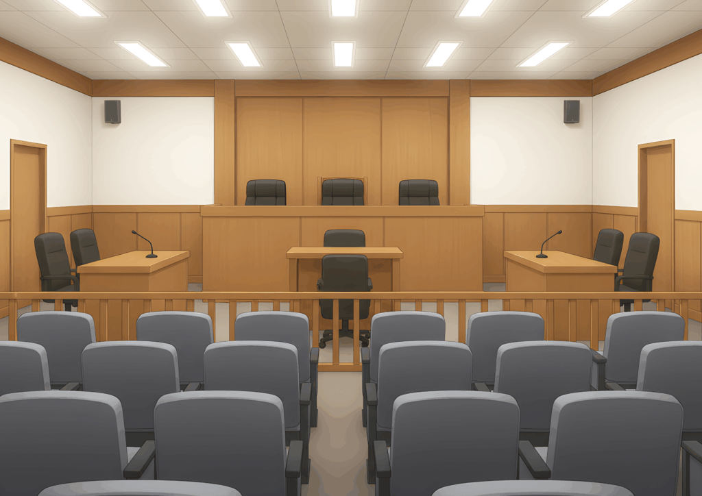 木製の内装が施された法廷の内部。中央に裁判官席があり、手前には傍聴席と証言台、左右には弁護側と検察側の席が配置されている。