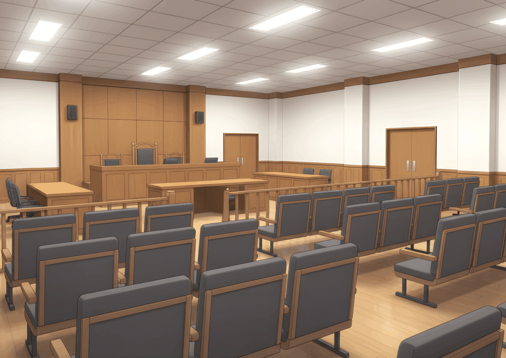 広めの法廷の内観。三席の裁判官席を中心に、前方に証言台と弁護・検察席、後方には複数の傍聴席が並ぶ明るい室内。