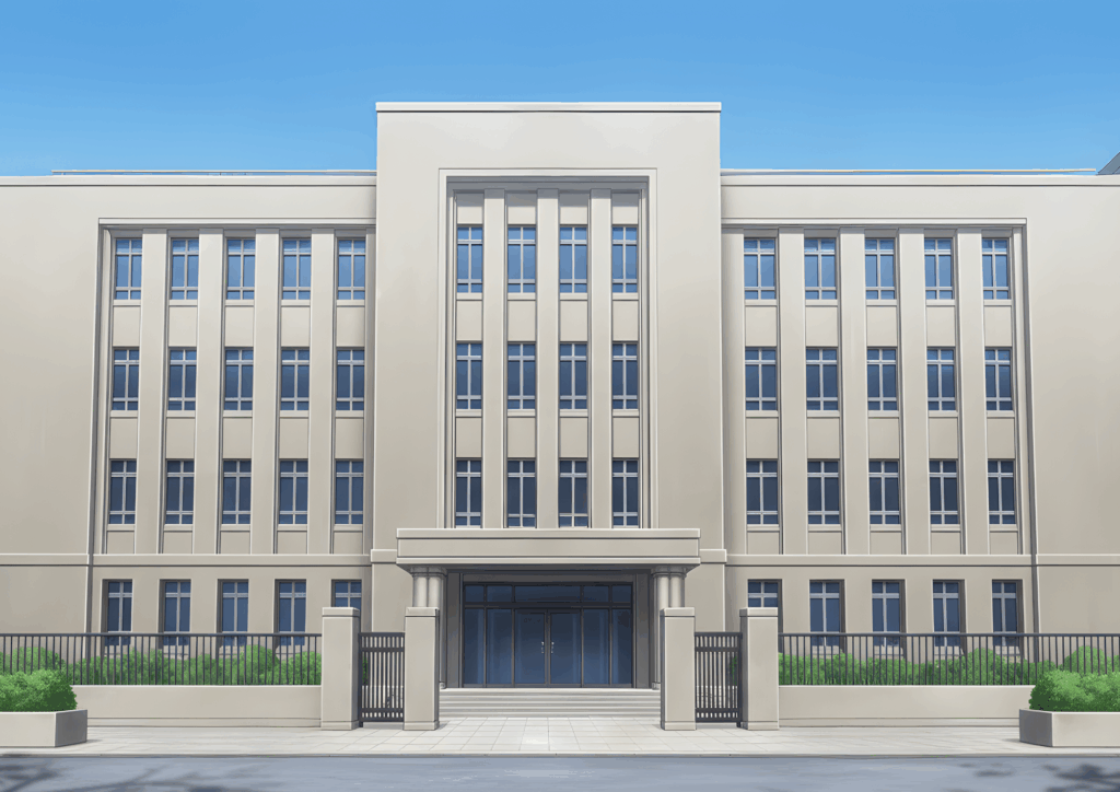 青空の下に建つ裁判所の建物。明るいベージュ色の外壁と縦長の窓が特徴で、正面入口には門と階段がある。