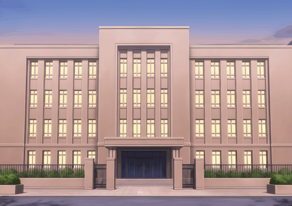 夕暮れ時の裁判所の外観。建物の窓から暖かい光が漏れ、空は淡い紫と橙色に染まっている。
