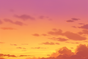 濃いオレンジから紫へと滑らかに移り変わるグラデーションの夕空のイラスト。低く広がる雲がシルエットのように描かれ、夕暮れの深い静けさを演出しています。