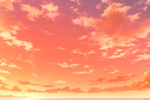 鮮やかなオレンジとピンクのグラデーションに満たされた広い夕焼けの空のイラスト。雲が点在し、静かな夕暮れの美しさを表現しています。