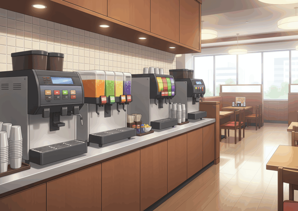 明るい昼の時間帯のファミリーレストランのドリンクバーコーナー。ジュースディスペンサーやコーヒーマシンが並び、窓から自然光が差し込む清潔感のある店内が描かれている