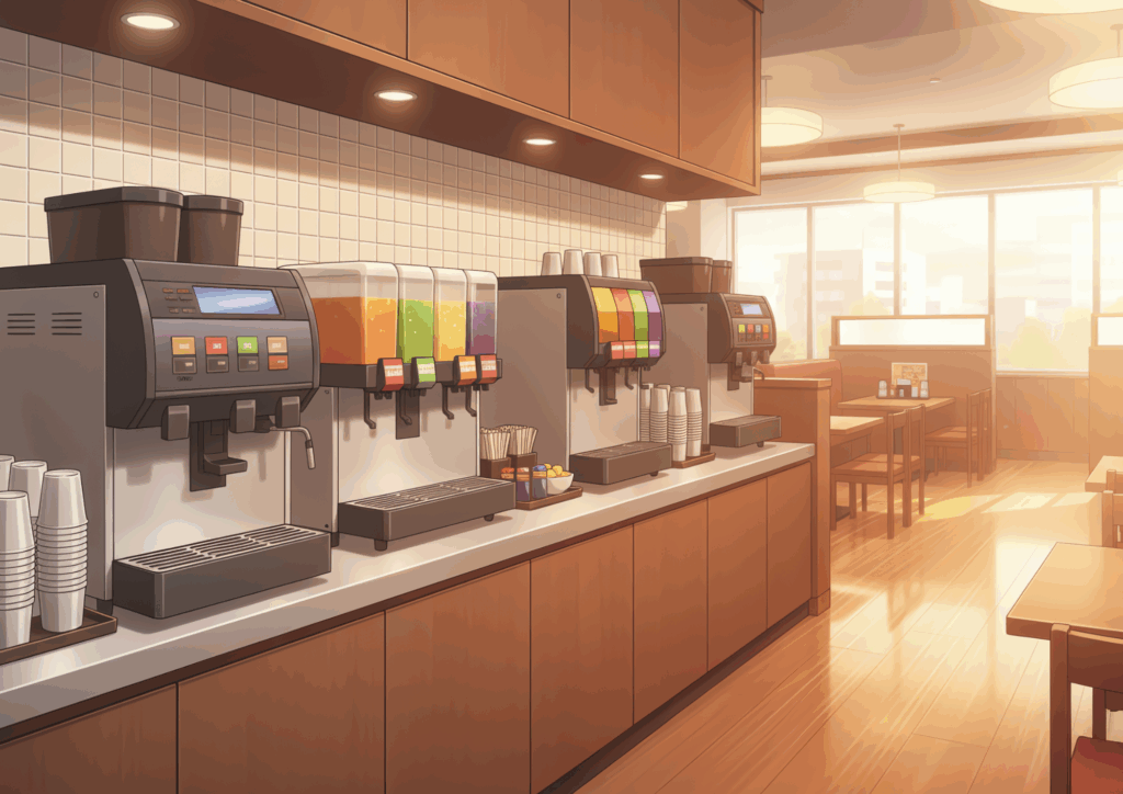 夕方の柔らかい日差しが差し込むファミリーレストランのドリンクバー。オレンジ色の光が店内を温かく包み、テーブル席やドリンクマシンが穏やかな雰囲気で表現されている