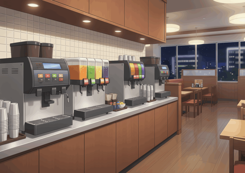 夜のファミリーレストランのドリンクバー。窓の外には夜景が見え、店内の照明が落ち着いた雰囲気を作り出している。清潔なカウンターに整然と並ぶ飲み物機器が印象的