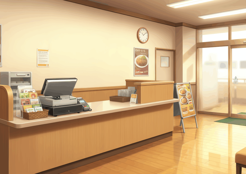 昼間のファミリーレストランの入口カウンター。レジやメニュー看板、ポスターが配置され、明るい光が差し込む温かみのある雰囲気の受付エリアが描かれている
