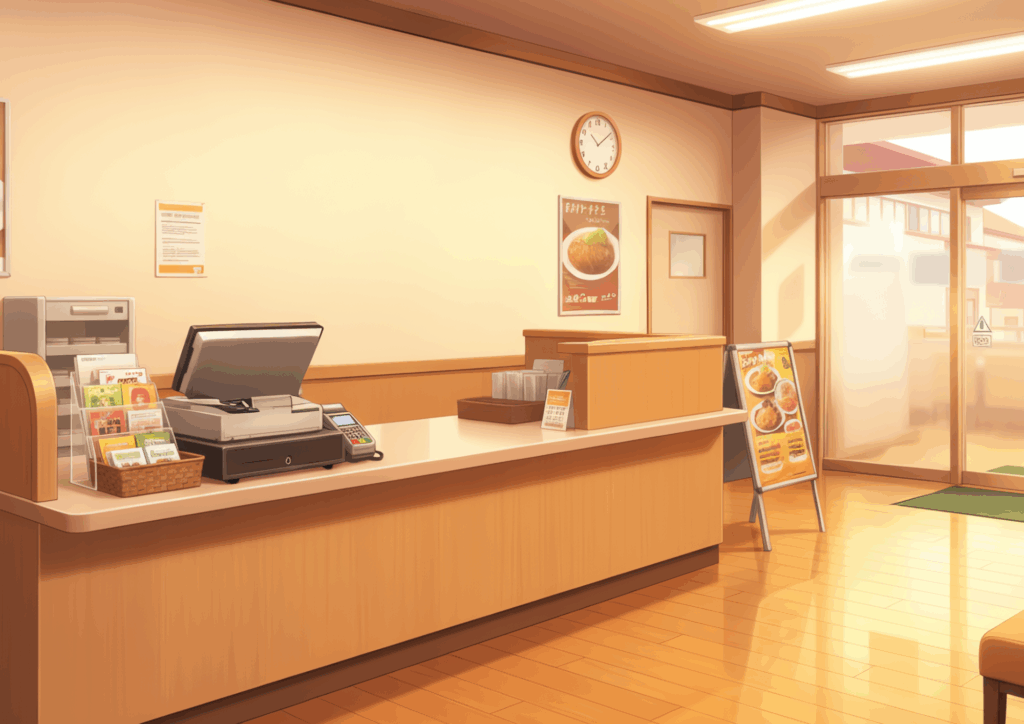 夕方の光が射すファミリーレストランの受付カウンター。外の光がガラス扉から柔らかく入り、木目調のカウンターとメニュー看板が落ち着いた雰囲気を醸し出している