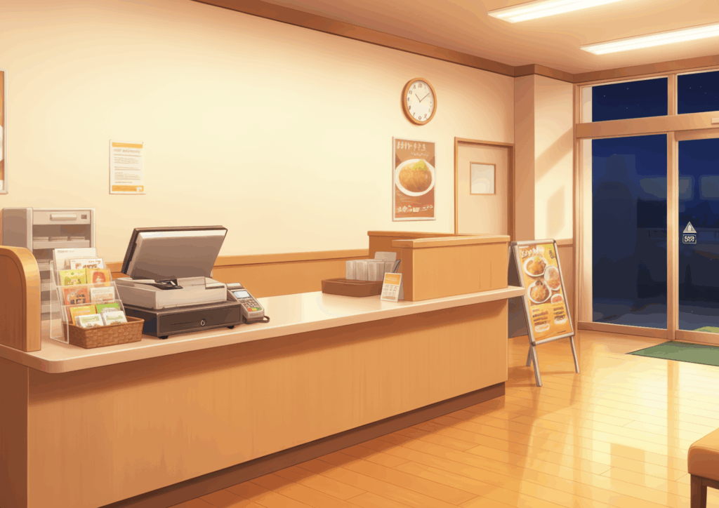 夜のファミリーレストランの入口カウンター。ガラス扉の外には夜の暗がりが見え、室内照明の明るさが店内を温かく照らしている。整ったレジ周りが静かな印象を与える