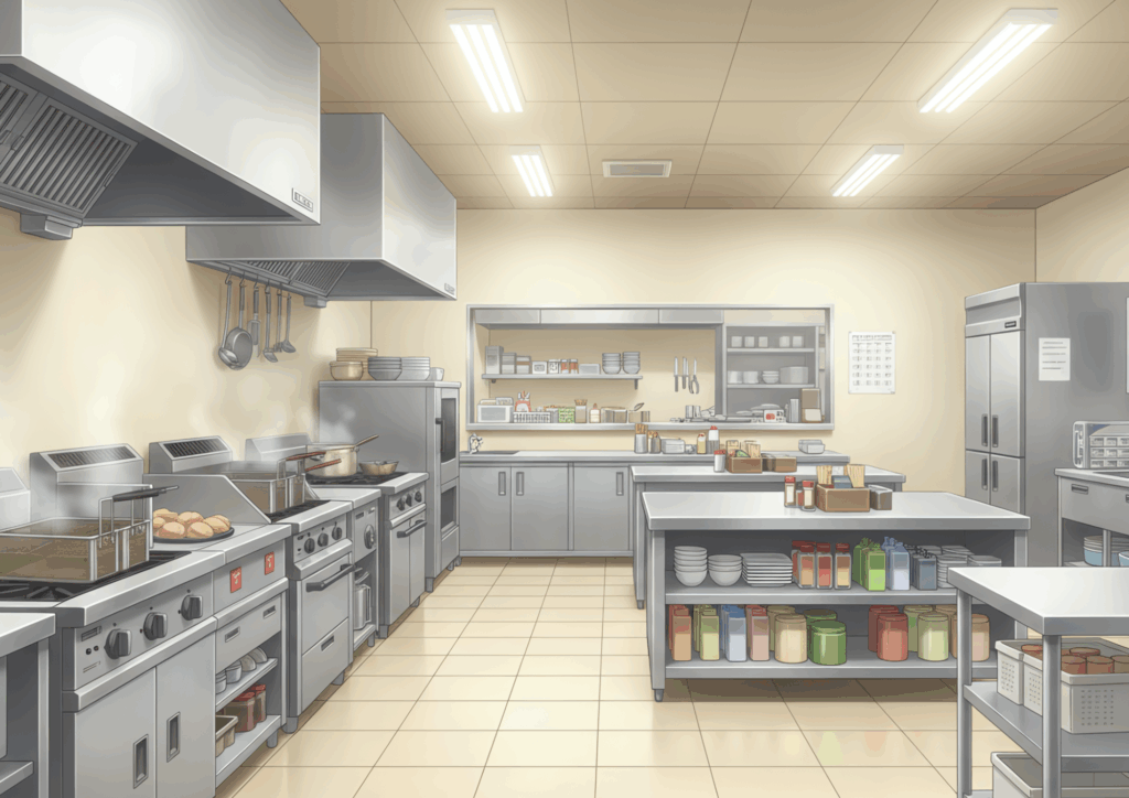 明るい照明の下で描かれたファミリーレストランの厨房。大型レンジやフライヤー、調理台が整然と並び、清潔で整理整頓されたプロ仕様の調理スペースが広がっている