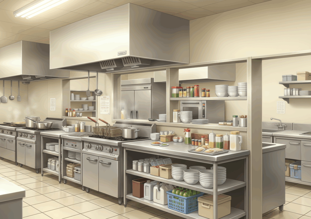 さまざまな調味料や調理器具が並ぶファミリーレストランの厨房。複数の調理台や収納棚が配置され、実際の調理作業が行われているような活気ある雰囲気を感じさせる