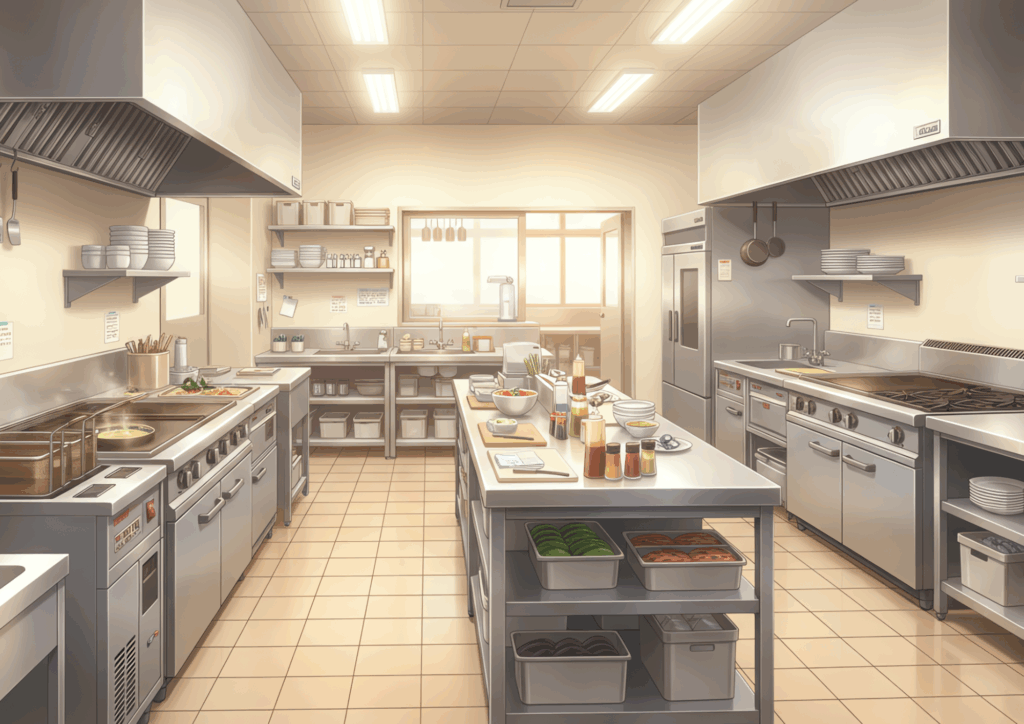 朝日または夕日の柔らかい光が差し込むファミリーレストランの厨房。ステンレスの調理台が並び、準備中の食材や調味料が整然と置かれた清潔感のある空間が描かれている