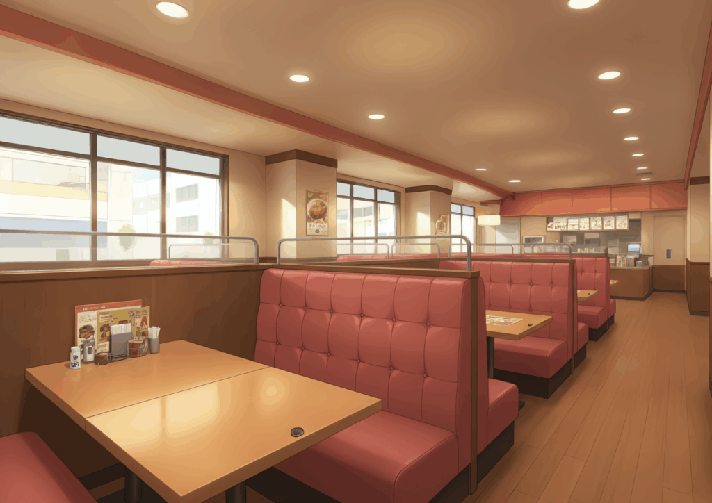 昼間の明るい光が差し込むファミリーレストランの店内。赤いソファ席と木目調のテーブルが整然と並び、大きな窓から外の街並みが見える。落ち着いた雰囲気の中で食事を楽しめる様子が描かれている