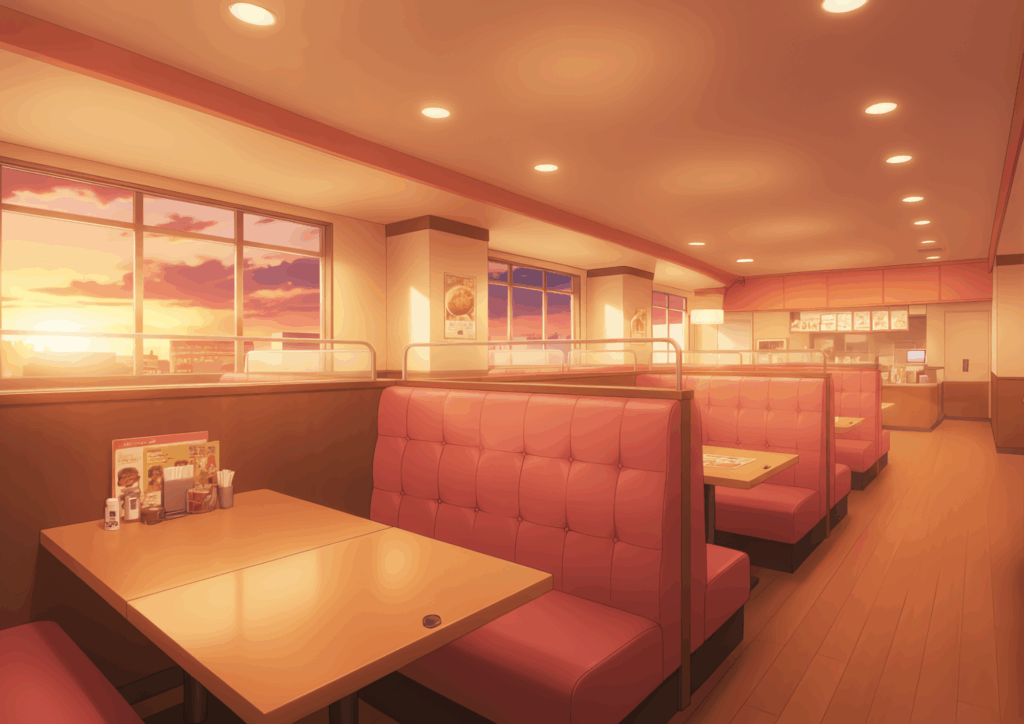 夕焼けの光が差し込むファミリーレストランの店内。赤いボックスシートとテーブルが並び、窓の外にはオレンジ色に染まる空が広がる。夕暮れ時の温かくロマンチックな雰囲気が表現されている