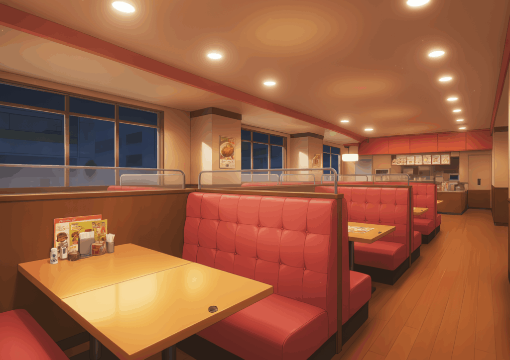 夜のファミリーレストランの店内。外は暗く、店内の照明が柔らかくテーブル席を照らしている。赤いソファ席と木目調の床が調和し、落ち着いた静かなディナータイムの雰囲気を感じさせる