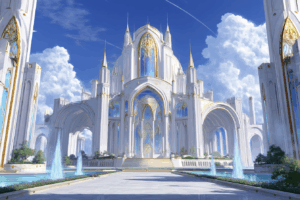 光が差し込む白亜の大聖堂のような壮麗な宮殿の背景イラスト。高いアーチと豪華な装飾が特徴