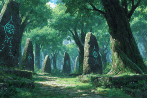 緑豊かな森林の中に立ち並ぶ古代の石柱。苔むした石に青く輝くルーンが刻まれた神秘的な背景イラスト