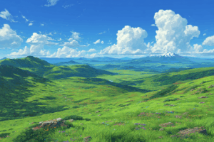 広大な緑の草原が広がる風景。遠くに雪を頂く山々が見え、青空に白い雲が浮かぶ爽やかな背景イラスト