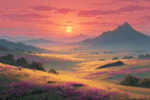 柔らかな夕日が照らす草原。ピンクやオレンジの花々が咲き誇り、遠くにそびえる山々がシルエットになった幻想的な背景イラスト