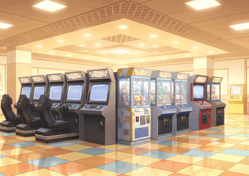 明るい照明に照らされたゲームセンターの一角。複数のレーシングゲーム筐体やレバー付きのアーケード筐体、さらにクレーンゲーム機が並んでいる。床はカラフルなタイル模様で、落ち着いた雰囲気を持つ