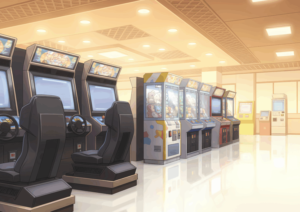 広々としたゲームセンターのフロア。左側にハンドル付きのレーシング筐体が並び、右側にはぬいぐるみ入りのクレーンゲーム機や赤い筐体が配置されている。床は白い光沢のあるタイルで、奥には両替機のような機械が見える